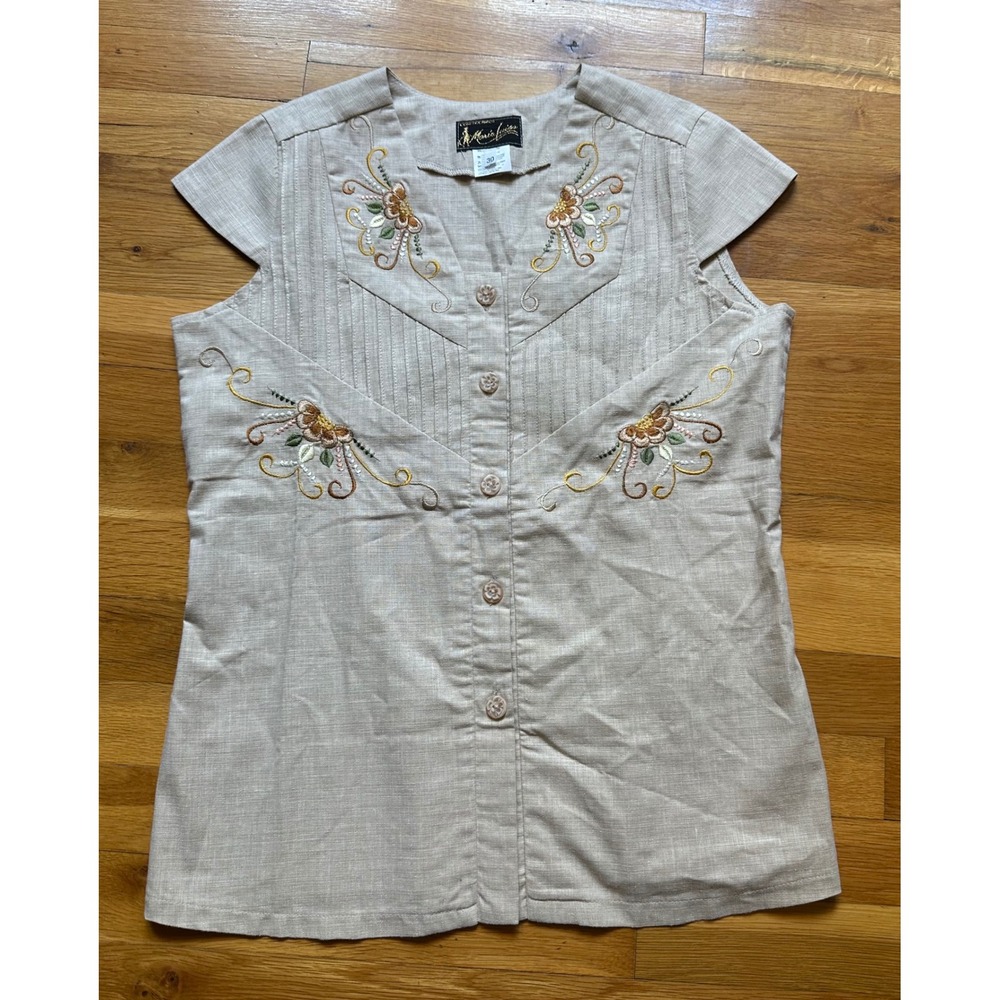 Confecciones Maria Luisa Tan Linen Blend Embroidered Floral Cap Sleeve Top‎ 30